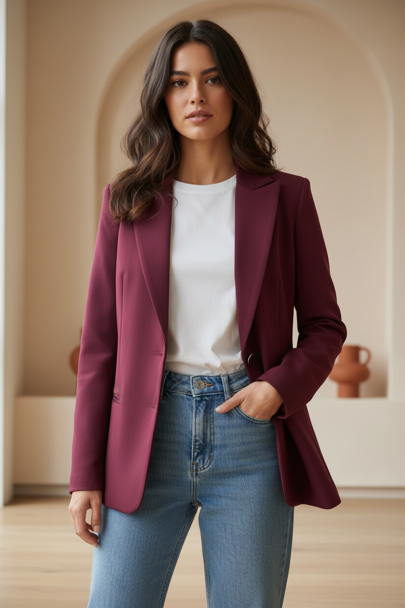 Blazer bordeaux - frontale primo piano con mano in tasca