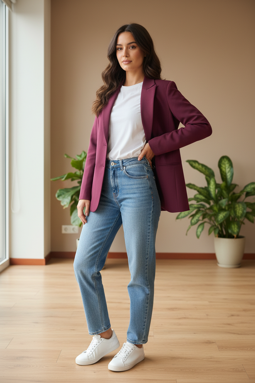 Blazer bordeaux posa mano sul fianco