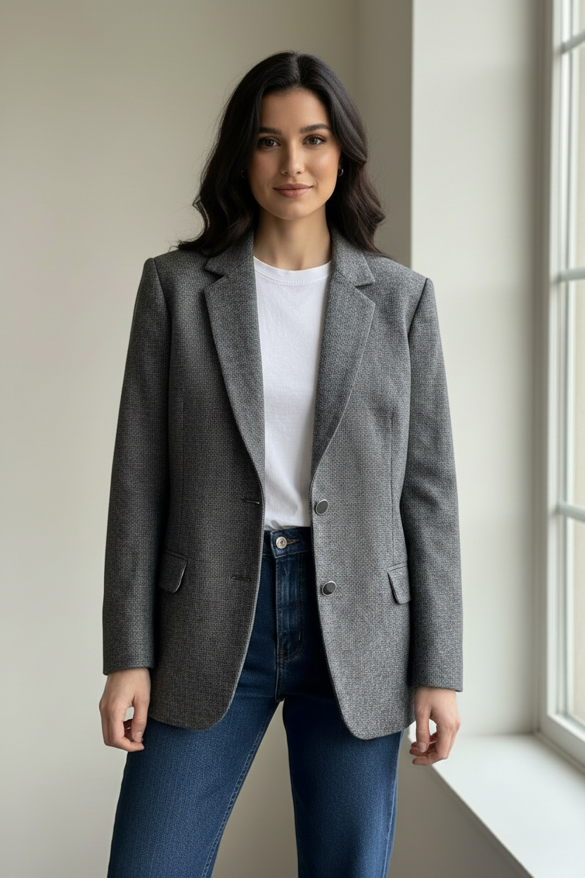 Blazer grigio con modella castana