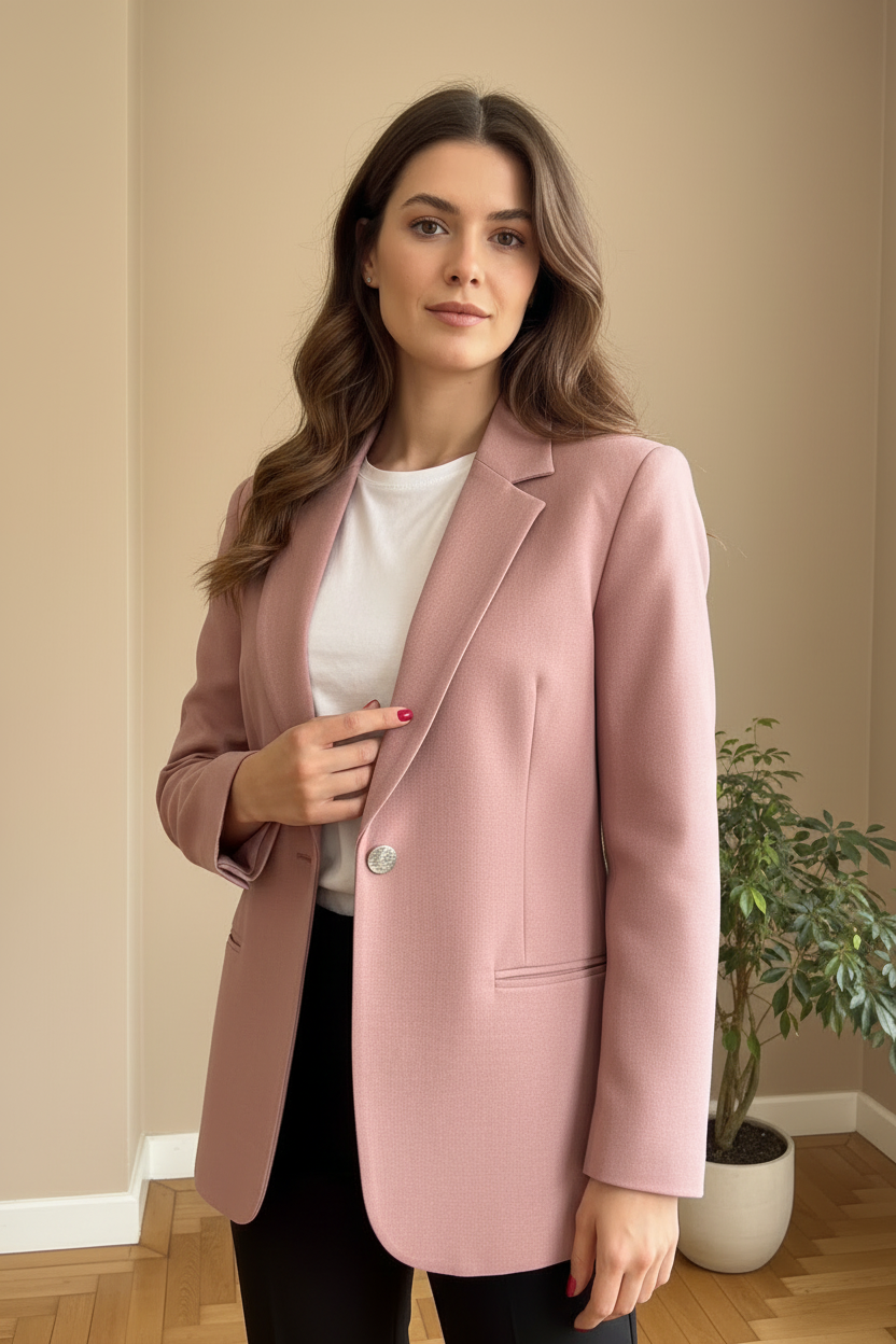 Blazer rosa - close-up con bottone rigato