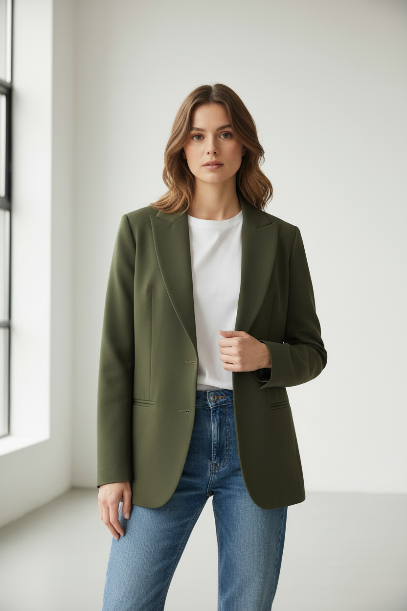 Blazer verde oliva - close-up con mano
