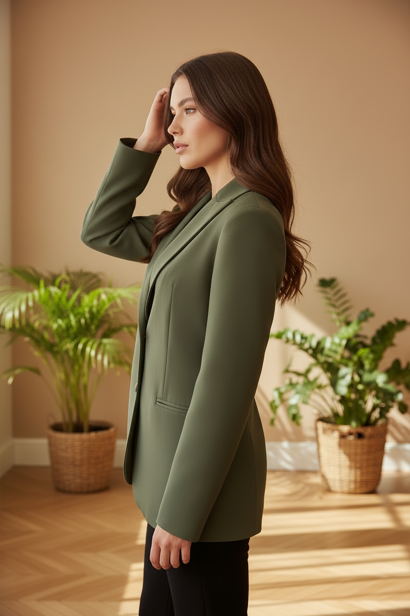 Blazer verde salvia - laterale aggiustando i capelli