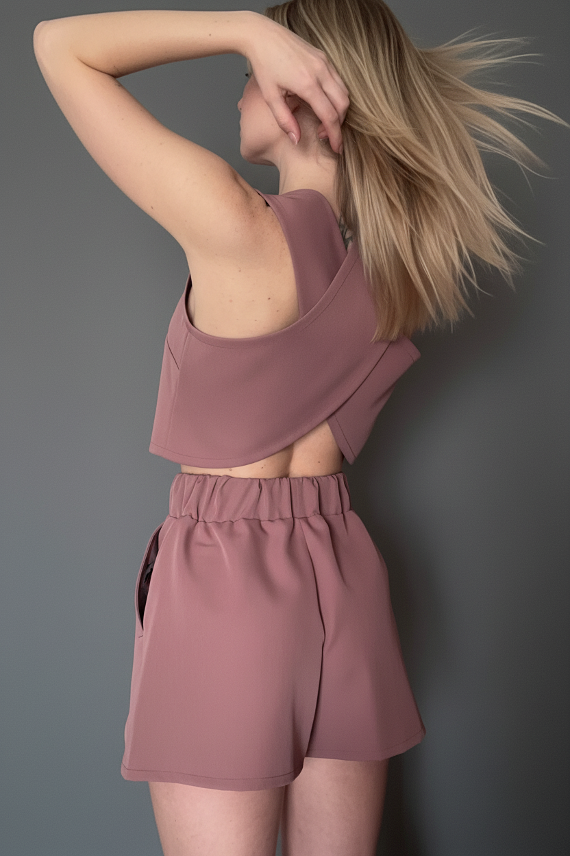 Coordinato rosa – braccio alzato – stile editoriale