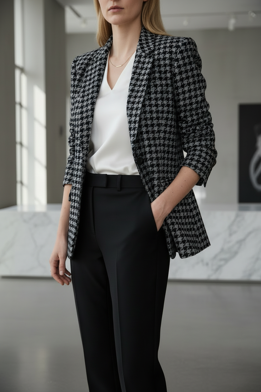 Outfit blazer pied de poule posa diversa