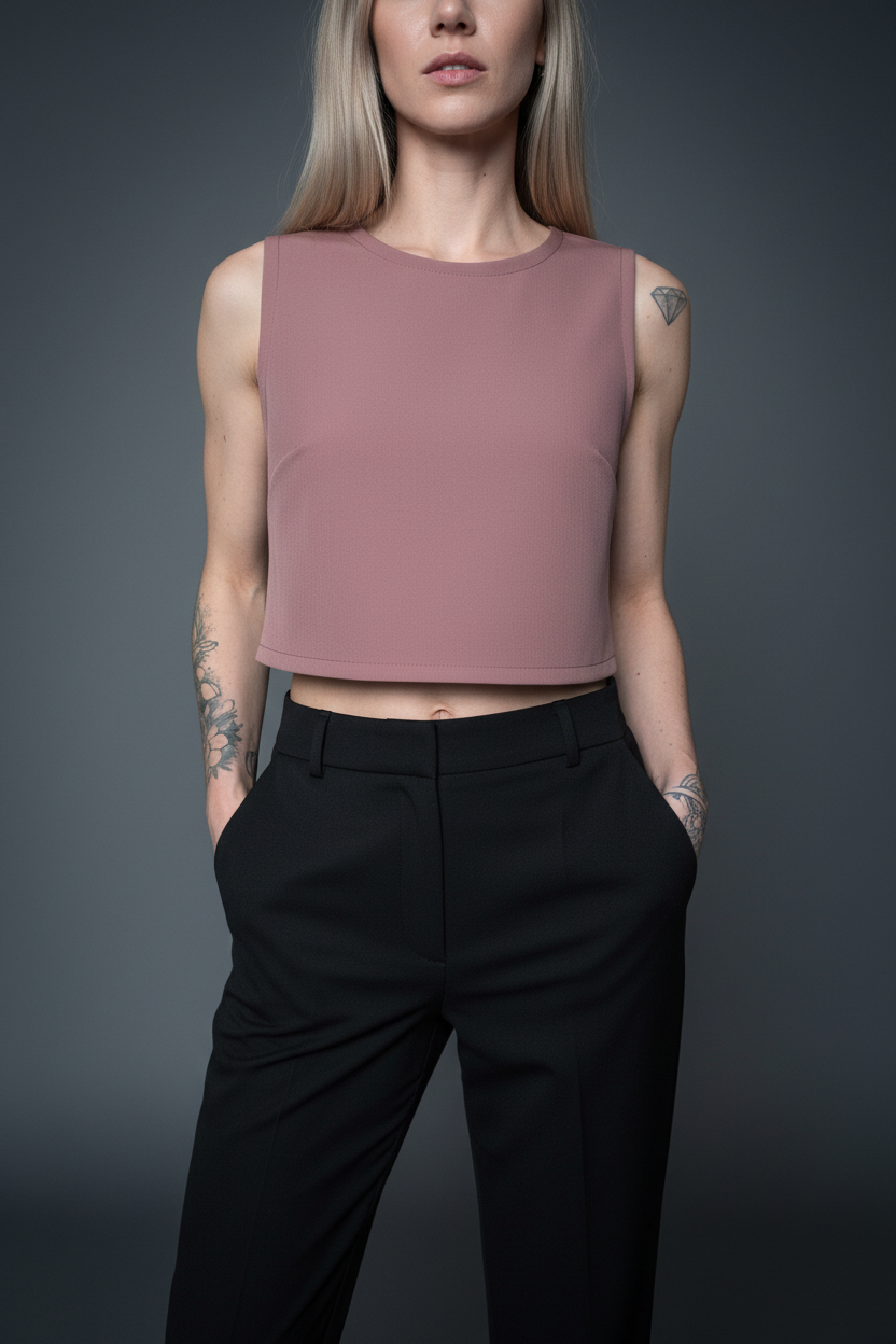 Top rosa con pantalone nero - editorial