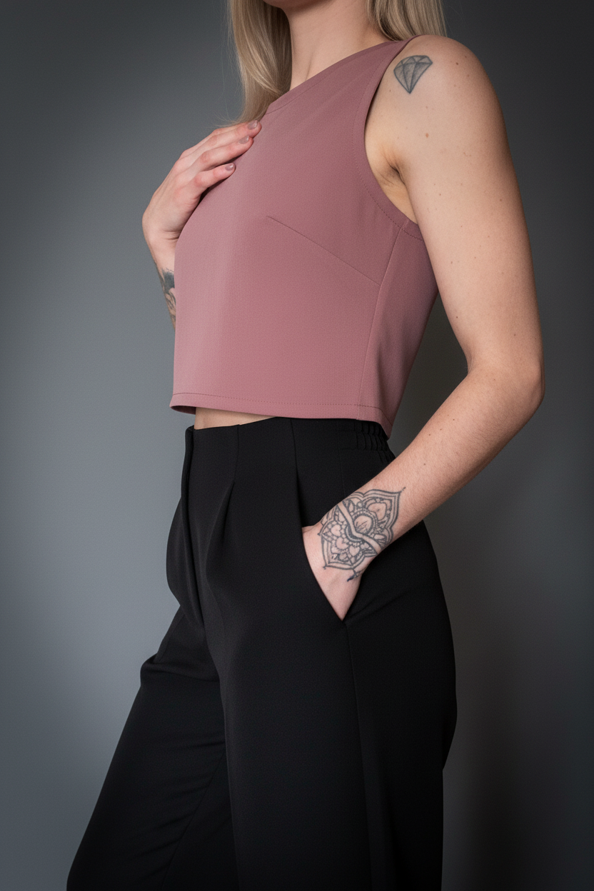Top rosa con pantalone nero - vista laterale