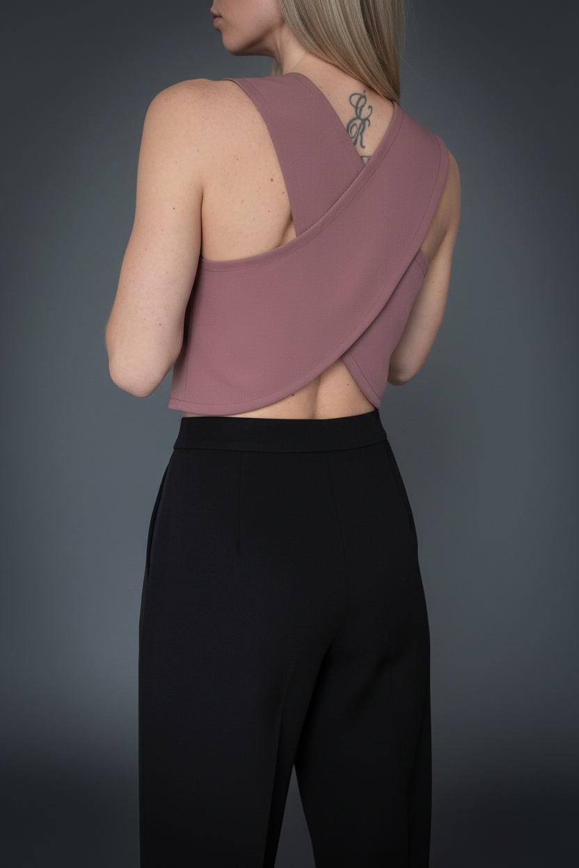 Top rosa cross-back con pantalone nero - vista posteriore